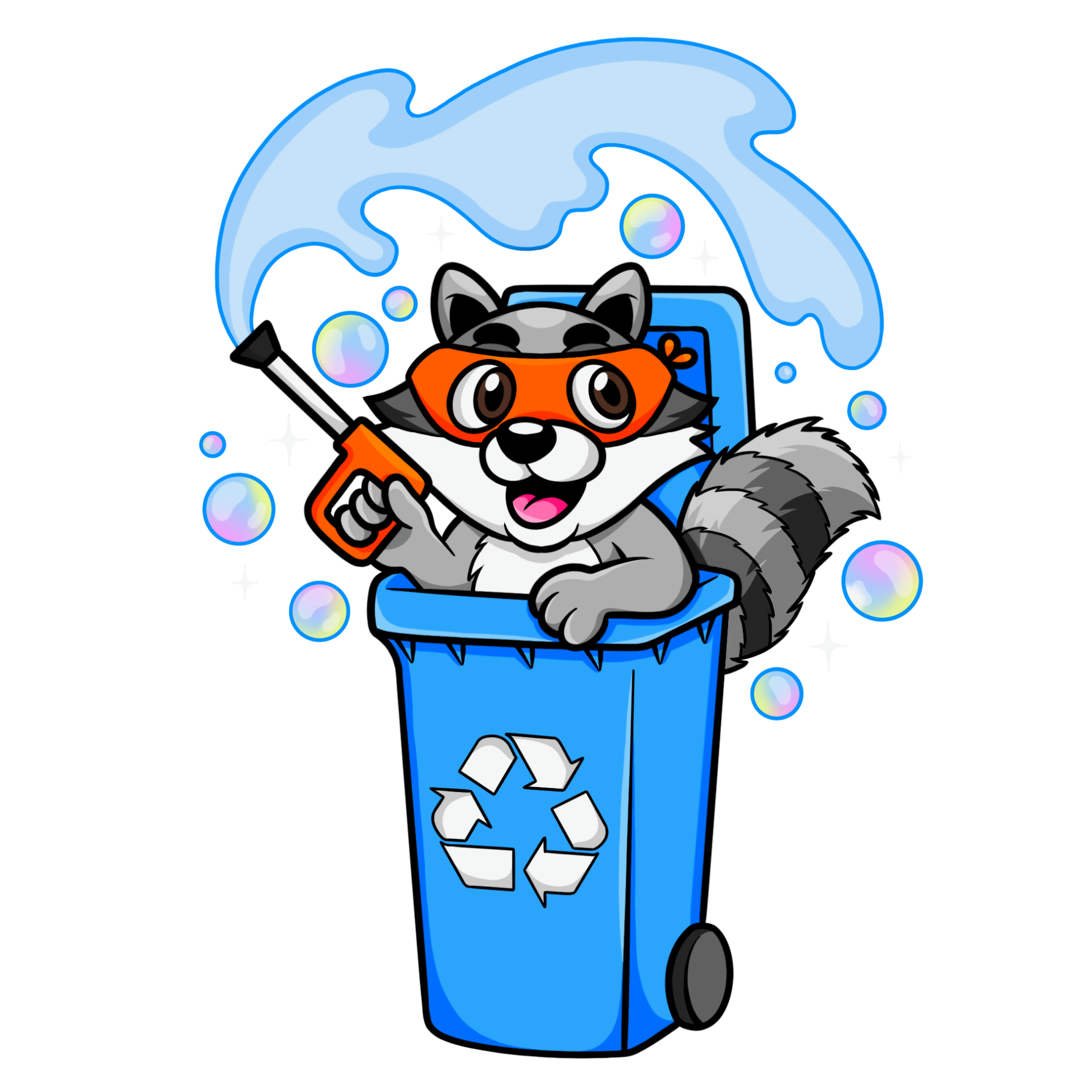 Bin Bandits raccoon mascot with a blue recycling bin and cleaning hose